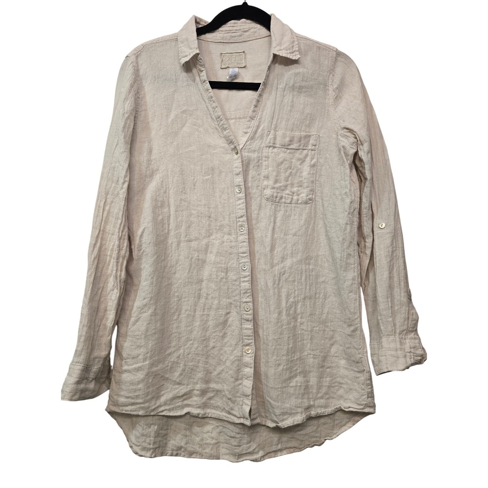 Sigrid Olsen S 100% Linen Shirt Ivory White Button Down Pocket Roll Tab Coastal - Picture 4 of 7
